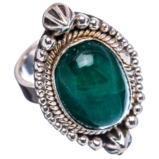 Oval dark green gemstone sterling silver ring with beaded halo and leaf-like side crest