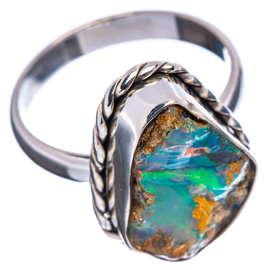 Oval opal set ring in .925 sterling silver with braided band, teal-green multicolor stone