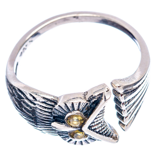 Sterling silver owl statement ring with gold-yellow citrine cabochons and feather details
