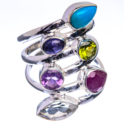 Large Sleeping Beauty Turquoise, Peridot, Tanzanite, Amethyst, Ruby, White Quartz Ring Size 6.75 (925 Sterling Silver) RING143325
