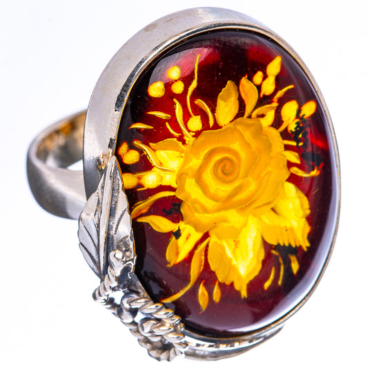 Amber Intaglio Rose Ring Size 8 Adjustable (925 Sterling Silver) R3816