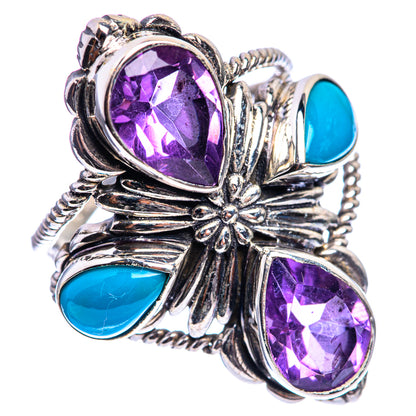 Amethyst and turquoise silver ring, oval purple stones with blue cabochons in floral scrollwork