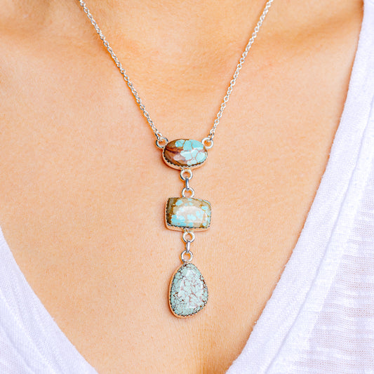 Turquoise pendant necklace with .925 sterling silver chain and three stone drop charms