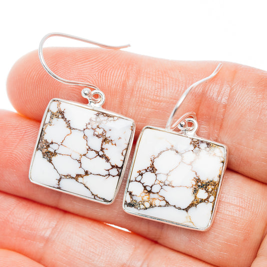 Sterling silver earrings with rectangular white jasper and brown web pattern, scalloped tops