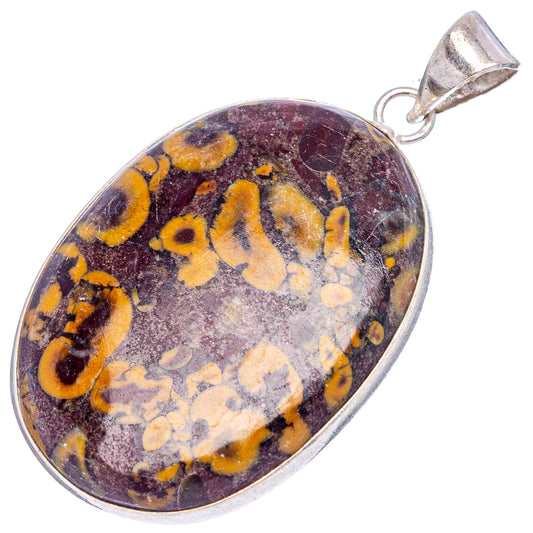 Bamboo jasper pendant on silver-plated loop, large oval stone with yellow swirls and spots