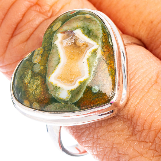 Heart-shaped green jasper stone sterling silver ring, size 10.5