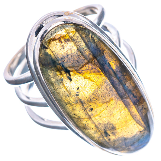 Oval labradorite gemstone ring in .925 sterling silver, yellow-blue shimmer, size 6