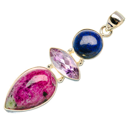 Sterling silver gemstone pendant with lapis-blue round stone, amethyst marquise, pink oval