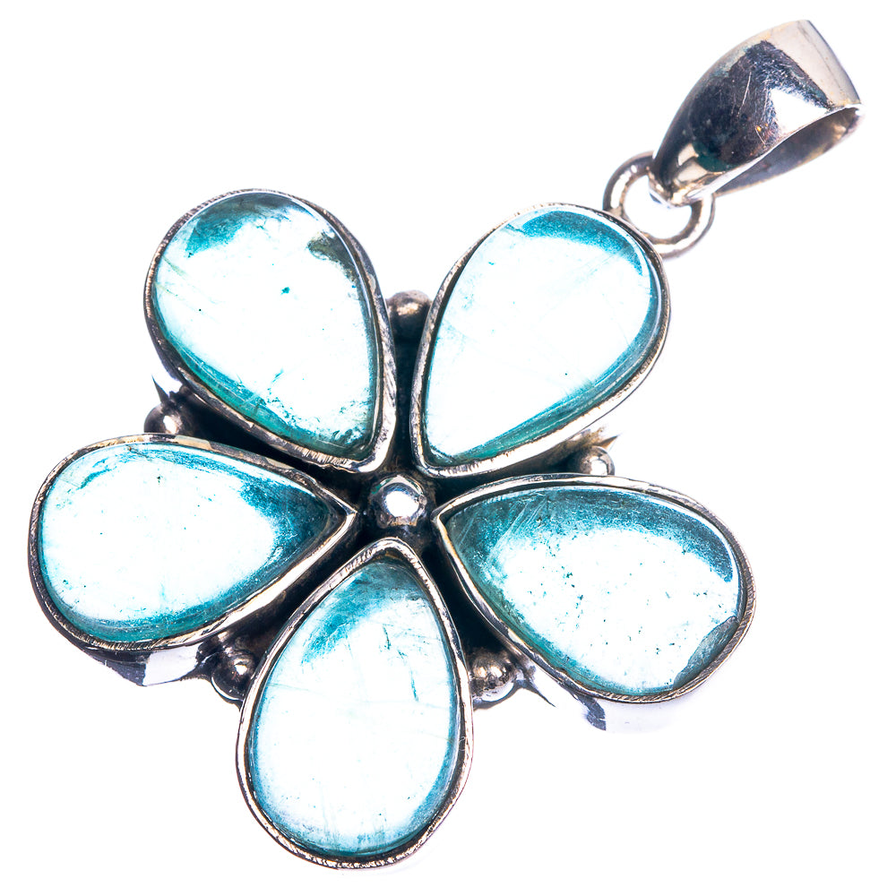 Floral teardrop stone pendant with silver bail, blue-green