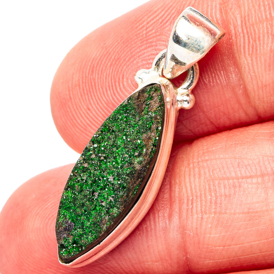 Uvarovite garnet pendant with teardrop green druzy stone in 925 sterling silver bezel