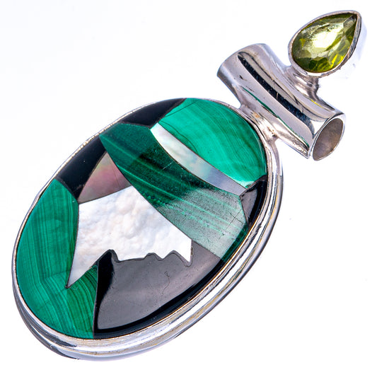 Malachite And Mother Of Pearl Inlay, Peridot Pendant 1 5/8" (925 Sterling Silver) P41321