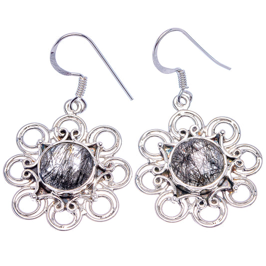 Round tourmalinated quartz drop earrings with filigree bezel, .925 sterling silver