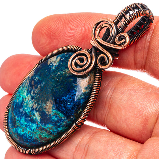 Shattuckite wire wrap pendant in oxidized copper, teardrop stone with coil wire loops