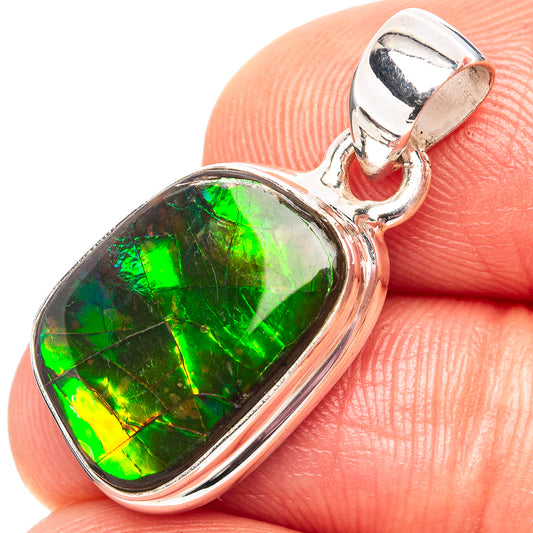 Sterling silver ammolite pendant with oval green iridescent stone and bail loop