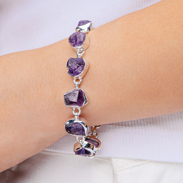 Raw Amethyst Bracelet 6 to 8" (.925 Sterling Silver)