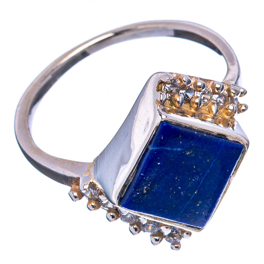 Sterling silver lapis lazuli square ring with clear stones, open side view