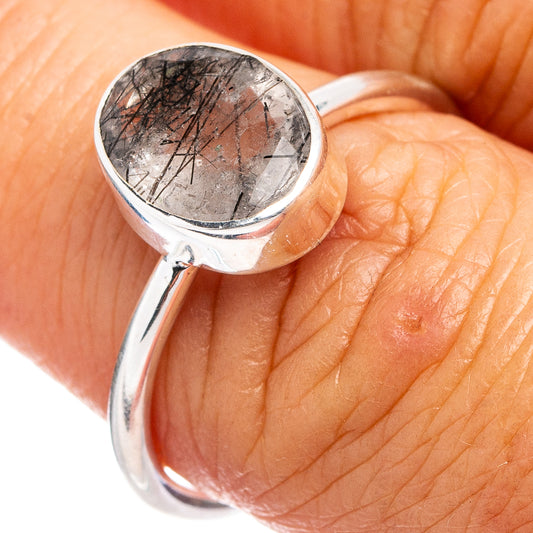 Sterling silver tourmalinated quartz ring with round gray crystal and black needle inclusions