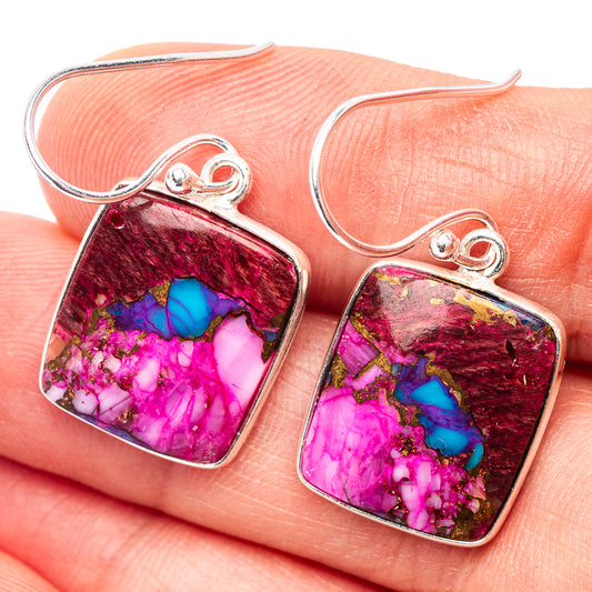 Pink and turquoise square gemstone drop earrings with .925 sterling silver hooks