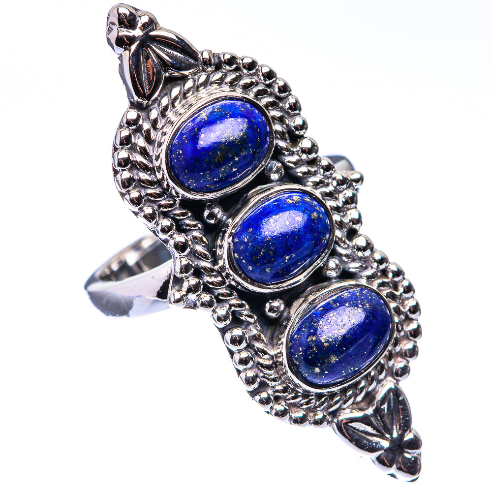 Lapis lazuli ring, side view: three oval blue stones on detailed 925 sterling silver setting