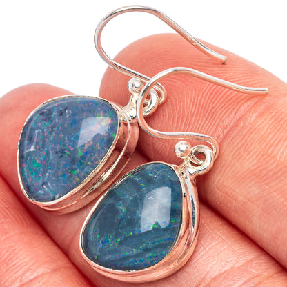 Teardrop opal earrings in 925 sterling silver, blue-green fire in two stones