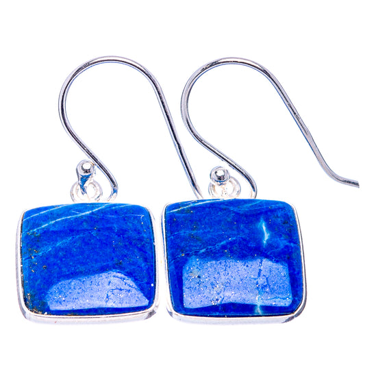 Square lapis lazuli earrings with silver bezel and curved fishhook, pair view