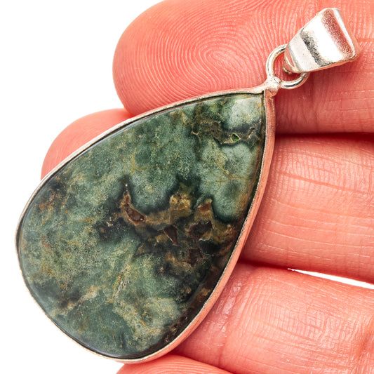 Silver-plated teardrop ocean jasper pendant with dark green mottled stone