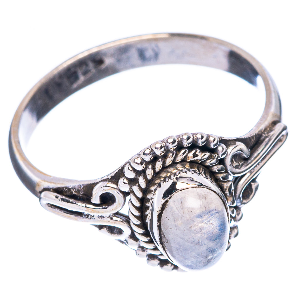 925 sterling silver ring with round-oval rainbow moonstone, carved band