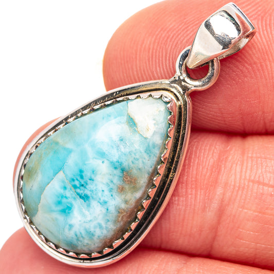 Larimar gemstone pendant in .925 sterling silver, teardrop cabochon with bail