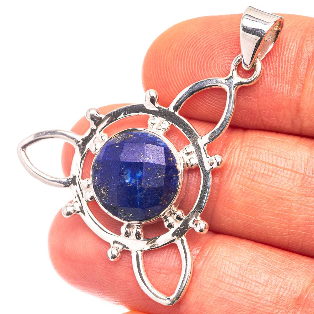 Lapis lazuli pendant in 925 sterling silver with round blue stone, ornate loop setting