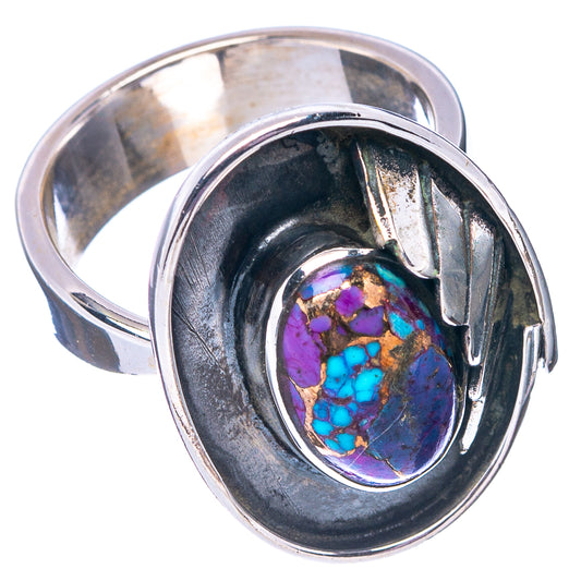 Oval purple and turquoise gemstone sterling silver ring open side view