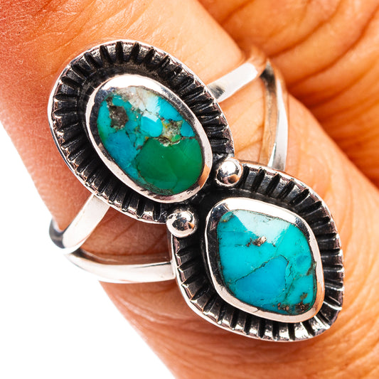 Native Style turquoise oval ring with two settings, .925 sterling silver, size 6.5