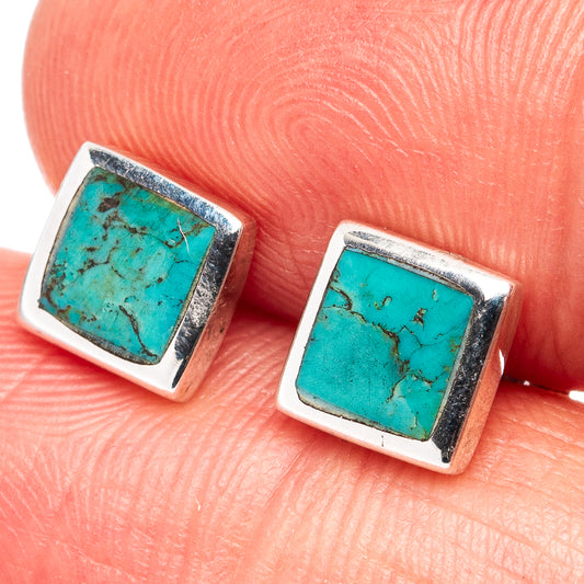 Sterling silver turquoise square cabochon stud earrings, textured stone surface