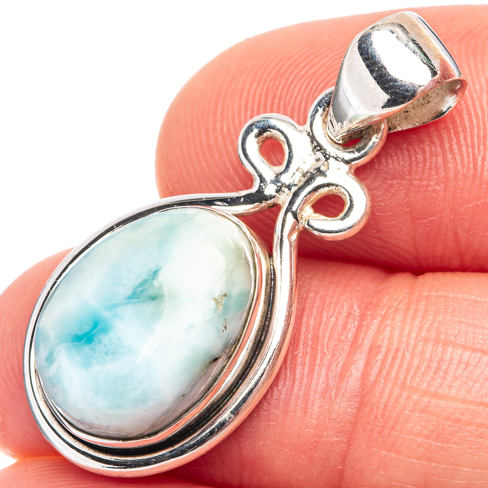 Sterling silver larimar oval pendant with bail and wire-wrapped decorative setting