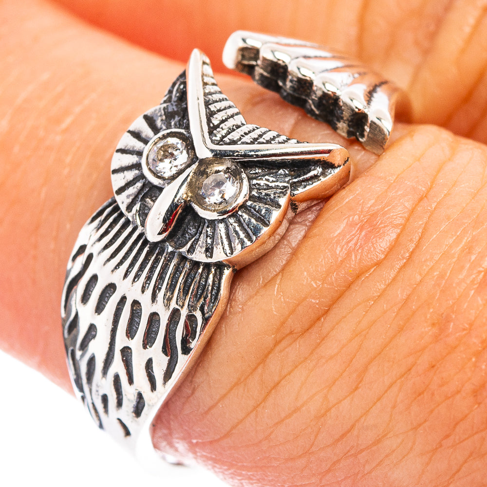 Cubic Zirconia Owl Dainty Ring Size 8 Adjustable (.925 Sterling Silver)
