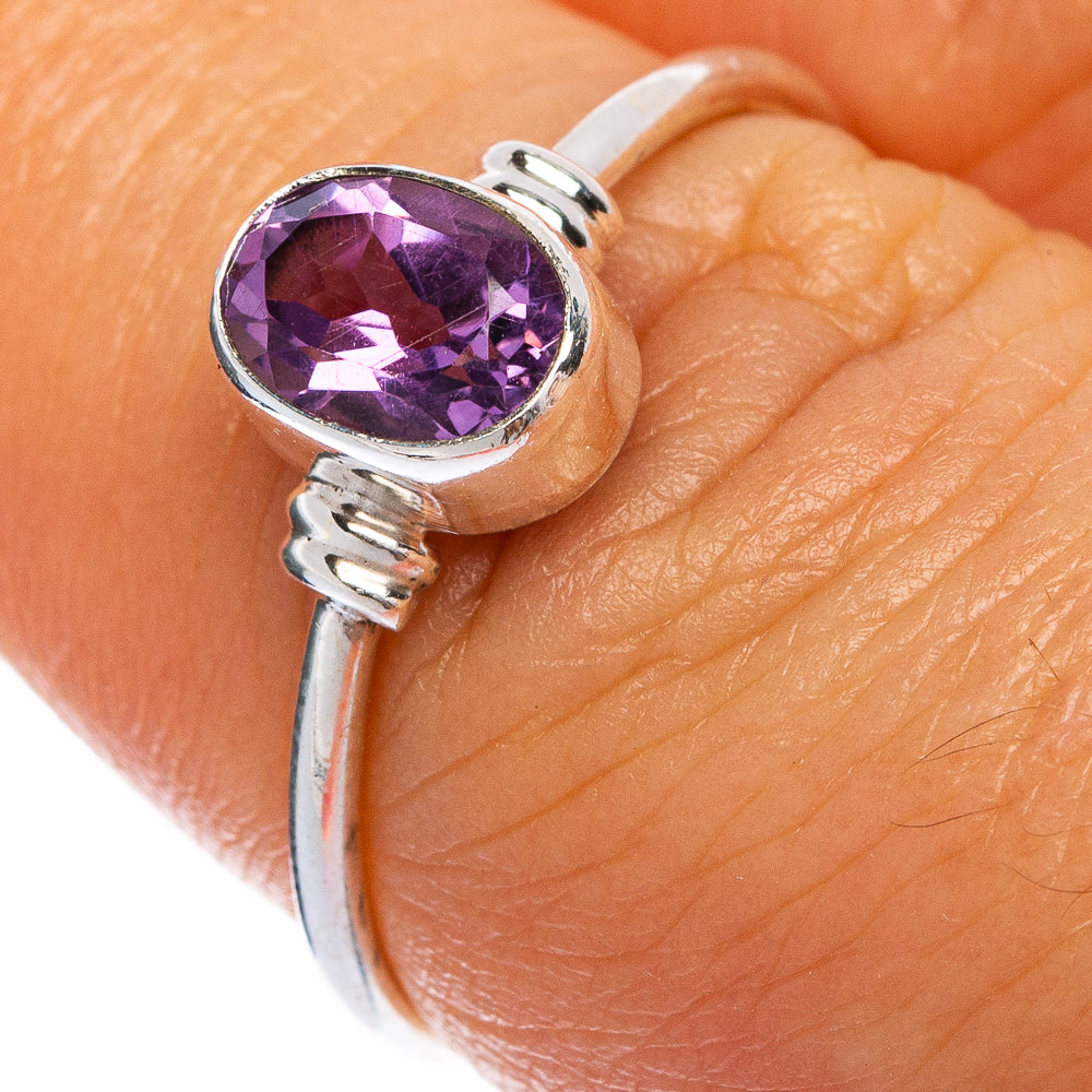 Faceted amethyst dainty ring on silver band with oval purple gemstone, size 7.25