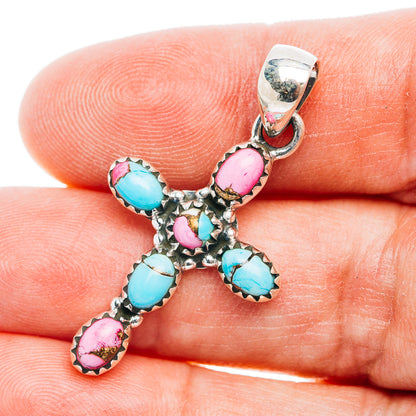 Southwestern Style Cotton Candy Turquoise Cross Pendant 1 5/8" (.925 Sterling Silver)