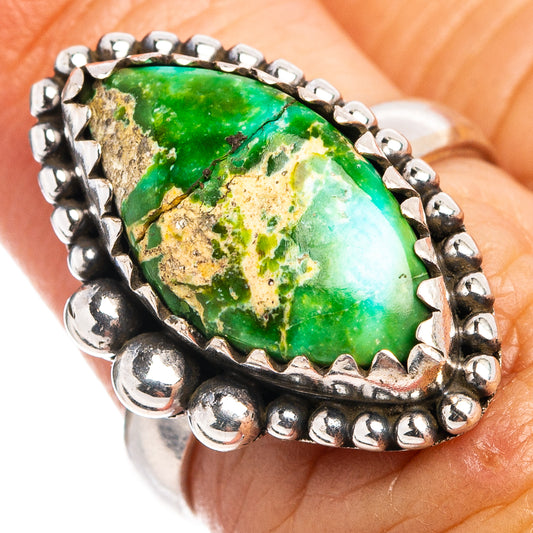 925 sterling silver turquoise ring, oval green stone in beaded bezel