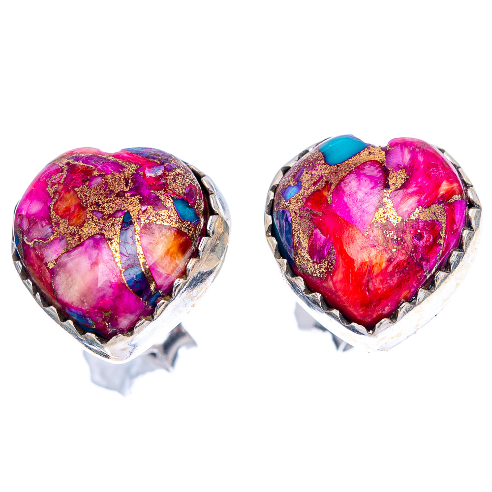 Pink Dahlia Turquoise Heart Earrings 1/2" (.925 Sterling Silver)
