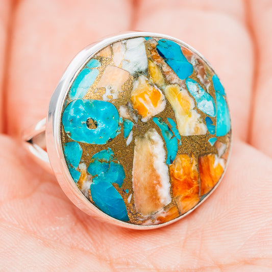 Sterling silver ring with large oval turquoise and orange mosaic gemstone top