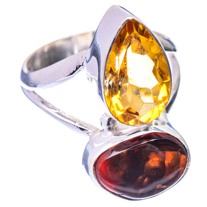 Sterling silver ring with yellow oval gemstone and dark oval fire agate bezel