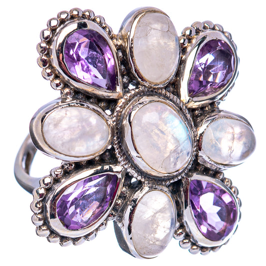 Sterling silver flower ring, mix of oval rainbow moonstone and amethyst gemstones