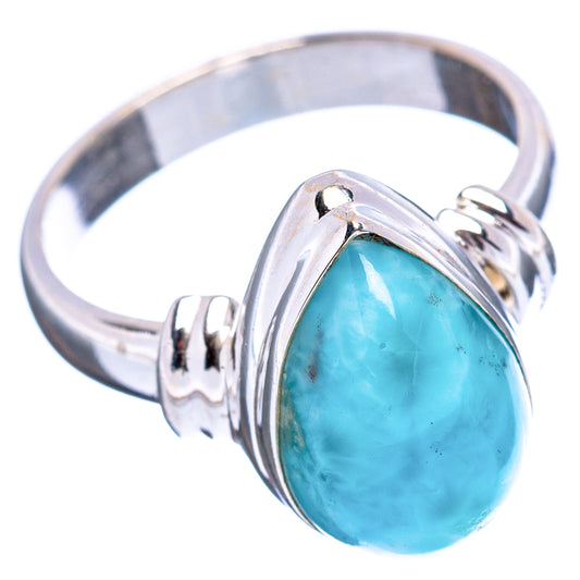 Sterling silver ring with oval blue larimar gemstone, openwork bezel band
