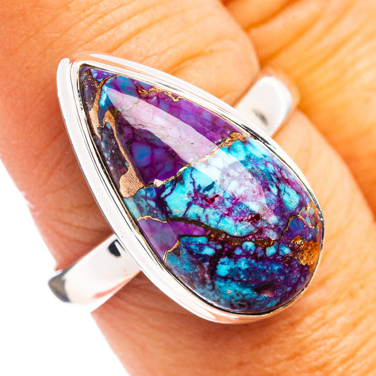 Teardrop inlay turquoise ring in purple and blue with silver bezel, size 9