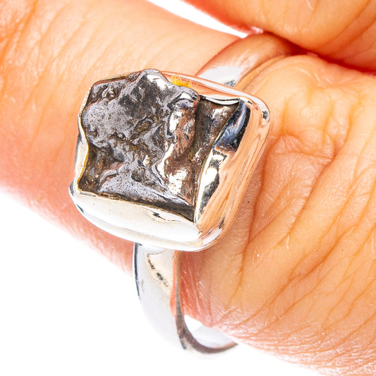 Meteorite inlay sterling silver ring with rough dark stone top, size 9