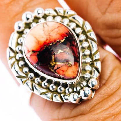 Red Dahlia Turquoise Ring Size 7.75 (.925 Sterling Silver)