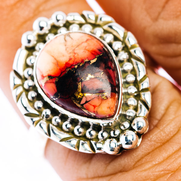Red Dahlia Turquoise Ring Size 7.75 (.925 Sterling Silver)