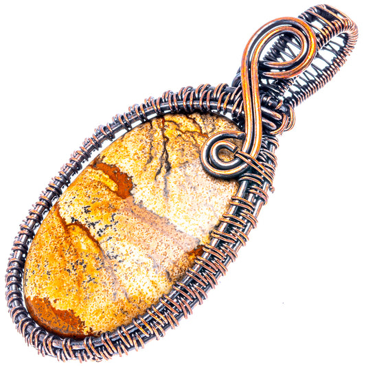 Oxidized copper wire-wrapped picture jasper teardrop pendant, round top loop
