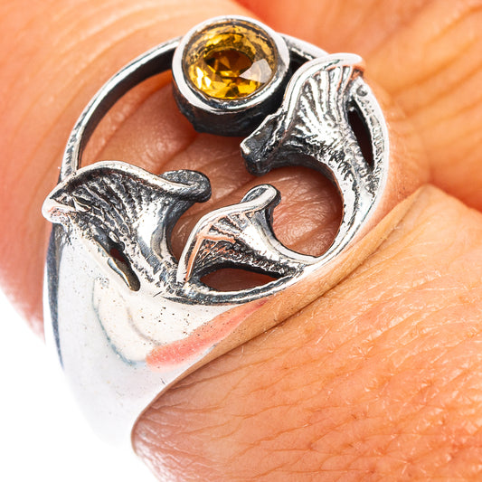 Sterling silver dainty mushroom ring with round citrine yellow gemstone, size 8