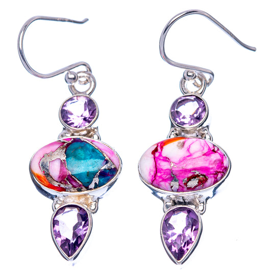 Kingman Pink Dahlia Turquoise, Amethyst Earrings 1 5/8" (925 Sterling Silver) E1649