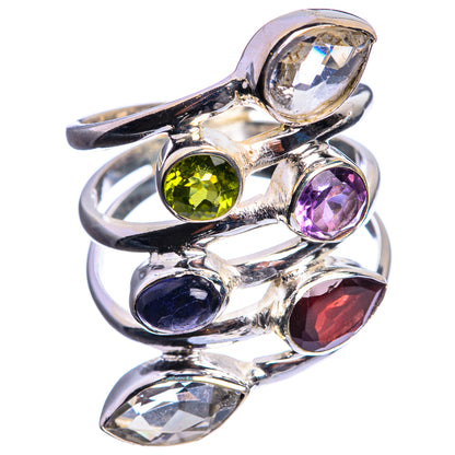 Sterling silver stack-style ring with round purple, yellow, dark blue, red, and clear stones